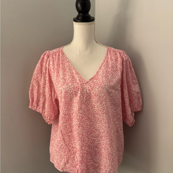 J Crew Size Large Pink & White Fabric Floral Puff sleeve Blouse Cotton - Picture 6 of 12